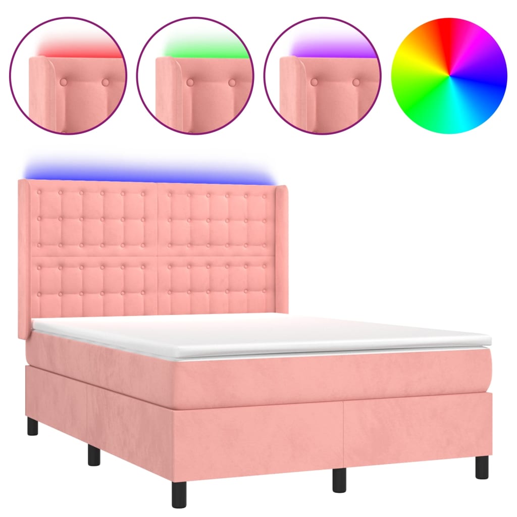 Cama box spring colchón y LED terciopelo - Botones 140x190 Rosa