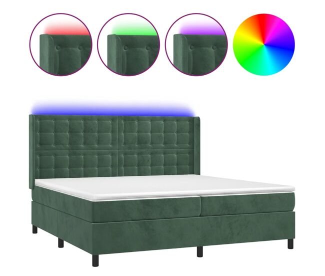 Cama box spring colchón y led terciopelo verde oscuro 200x200cm botones
