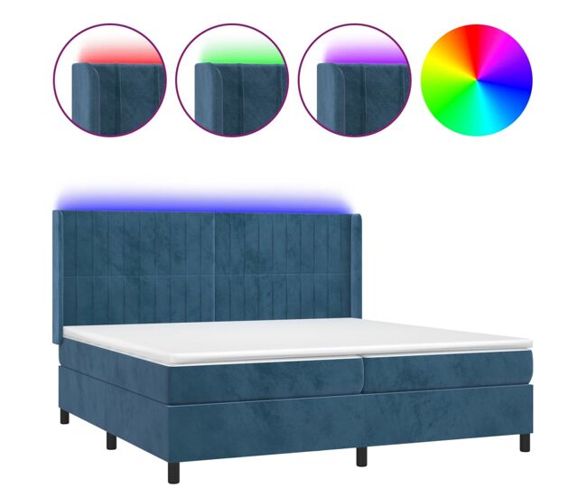 Cama box spring colchón y led terciopelo azul oscuro 200x200 cm rayas verticales