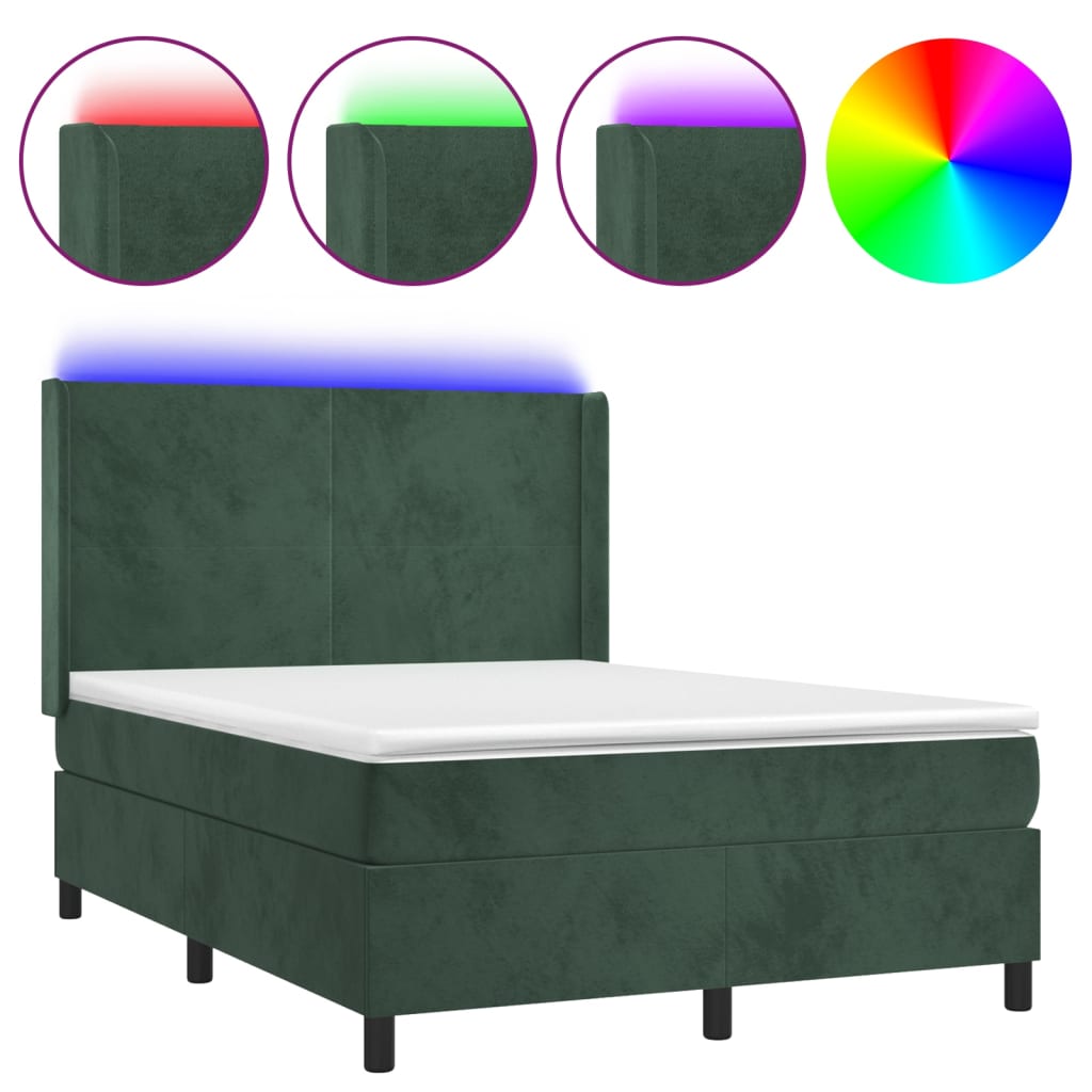 Cama box spring colchón y led terciopelo verde oscuro 140x200cm diseño plano