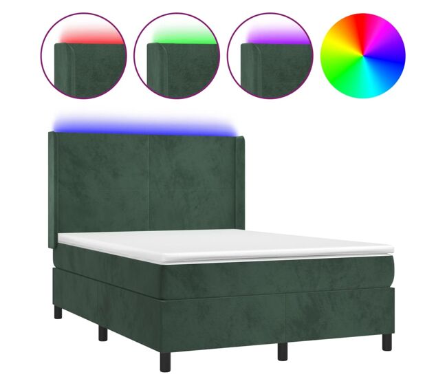 Cama box spring colchón y led terciopelo verde oscuro 140x200cm diseño plano