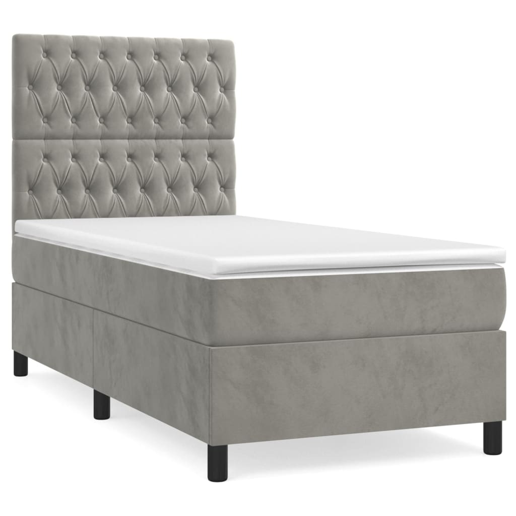 Cama box spring con colchón terciopelo gris claro 80x200 cm diseño de botones