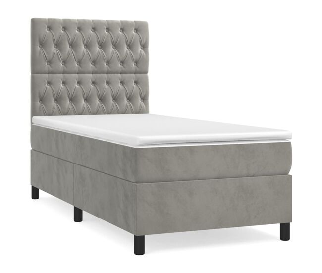 Cama box spring con colchón terciopelo gris claro 80x200 cm diseño de botones