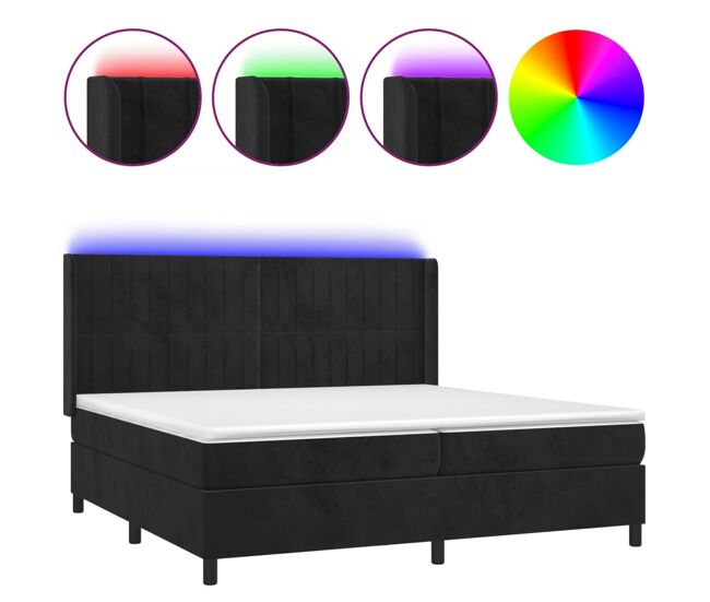 Cama box spring colchón y led terciopelo negro 200x200 cm rayas verticales