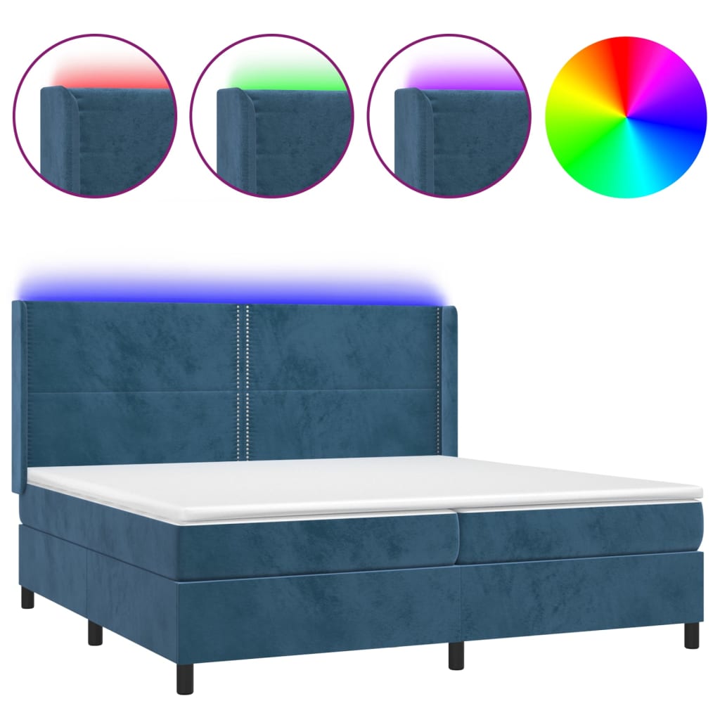 Cama box spring colchón y LED terciopelo - Liso con clavos 200x200 Azul