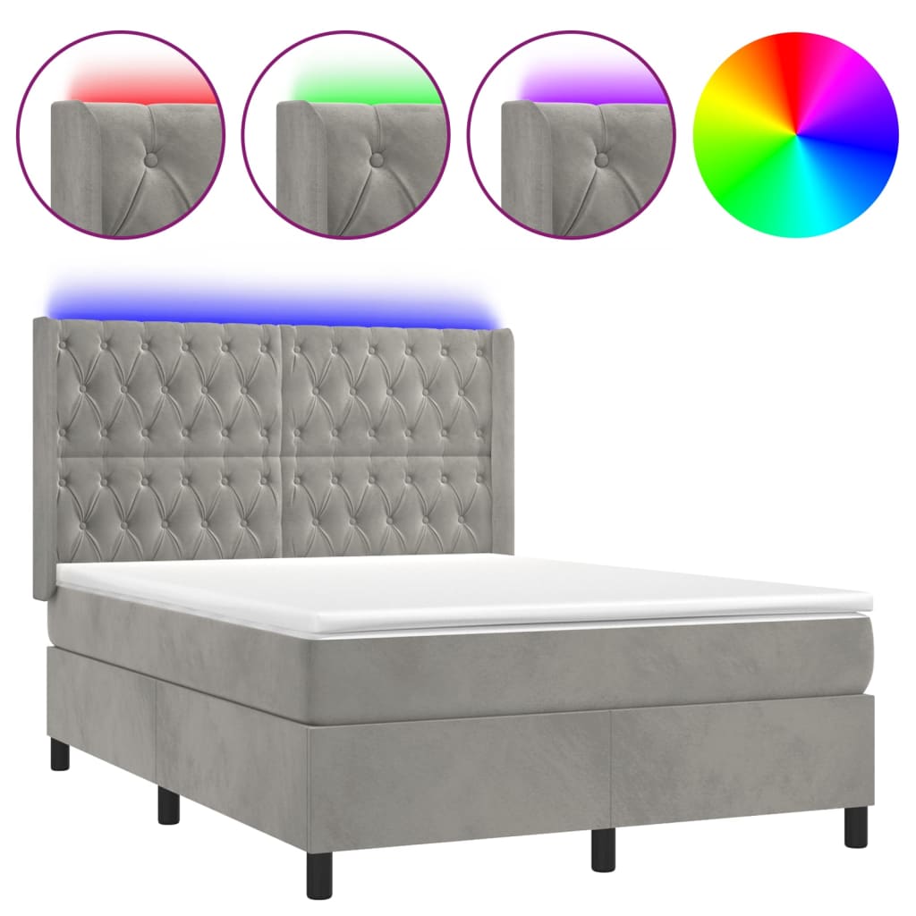 Cama box spring colchón y LED terciopelo - Diseño de botones 140x200 Gris Claro