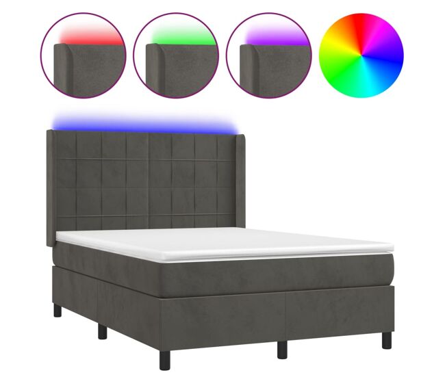 Cama box spring colchón y led terciopelo gris oscuro 140x200 cm bloques con cuadros