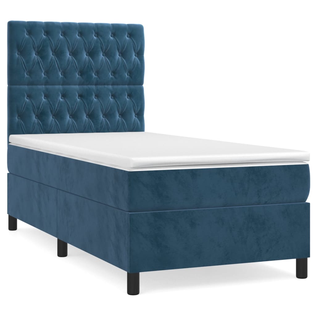 Cama box spring con colchón terciopelo - Diseño de botones 100x200 Azul