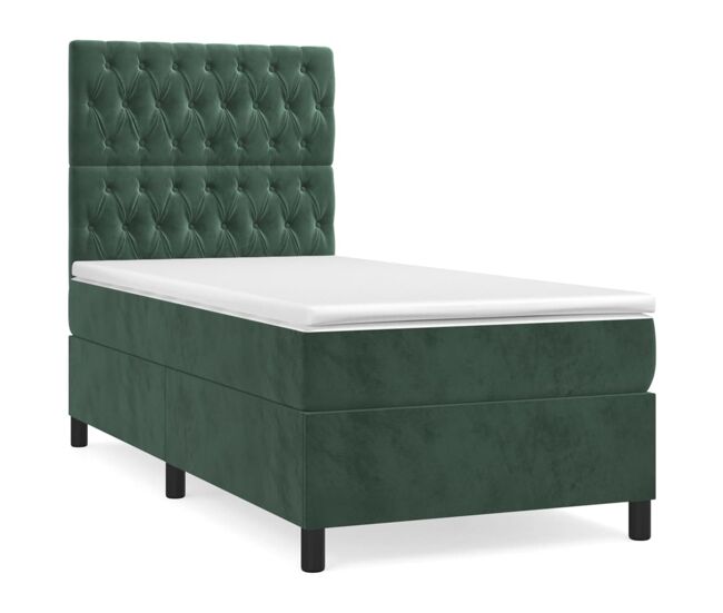 Cama box spring con colchón terciopelo verde oscuro 100x200 cm diseño de botones