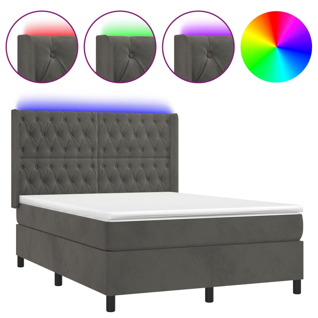 Cama box spring colchón y LED terciopelo - Diseño de botones 140x190 Gris Oscuro