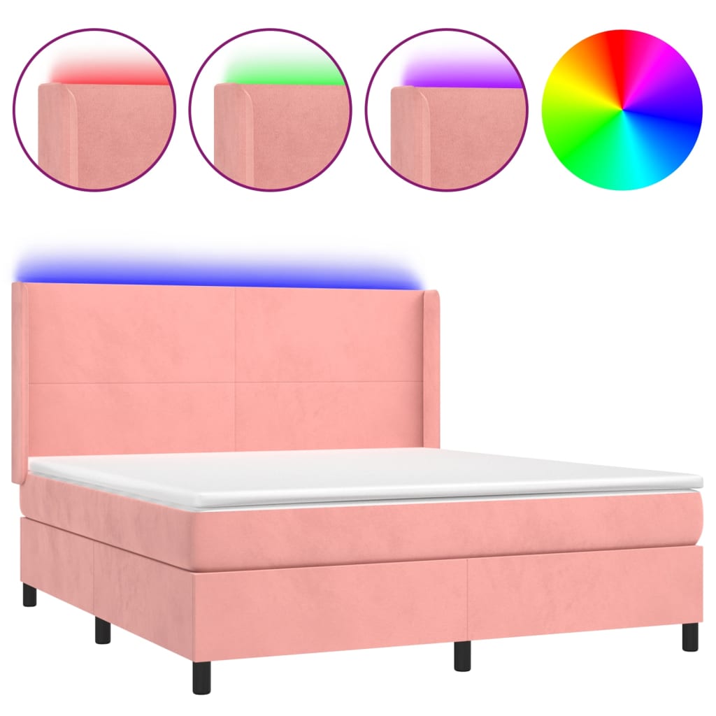 Cama box spring colchón y led terciopelo rosa 180x200 cm diseño plano