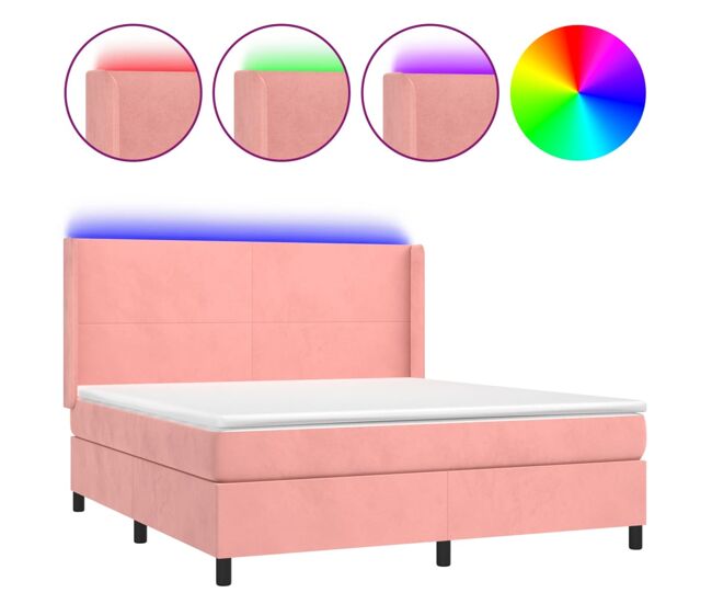 Cama box spring colchón y led terciopelo rosa 180x200 cm diseño plano