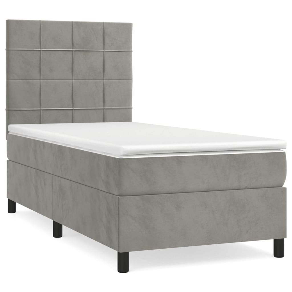 Cama box spring con colchón terciopelo - Bloques con cuadros 80x200 Gris Claro