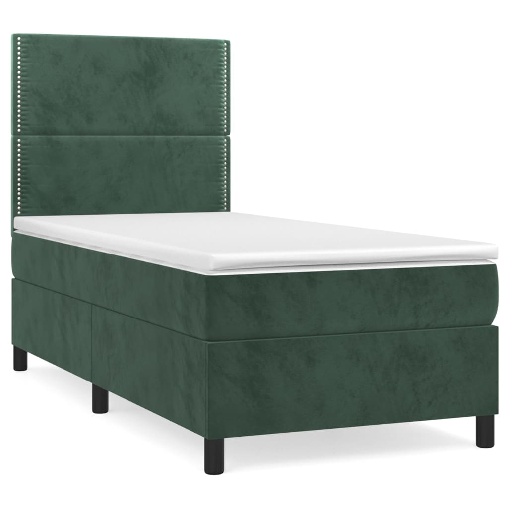 Cama box spring con colchón terciopelo verde oscuro 100x200 cm liso con clavos