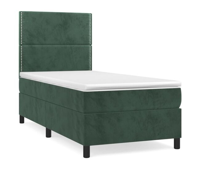 Cama box spring con colchón terciopelo verde oscuro 100x200 cm liso con clavos