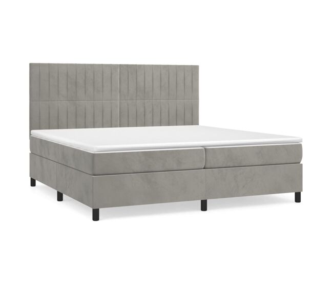 Cama box spring con colchón terciopelo gris claro 200x200 cm rayas verticales