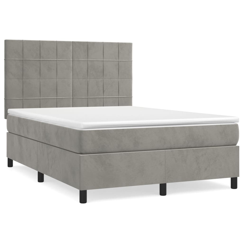 Cama box spring con colchón terciopelo - Bloques con cuadros 140x200 Gris Claro