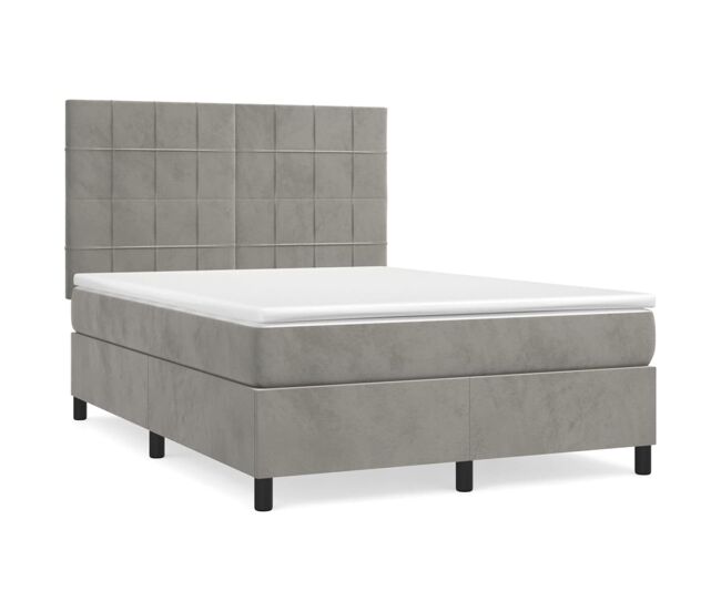 Cama box spring con colchón terciopelo gris claro 140x200 cm bloques con cuadros
