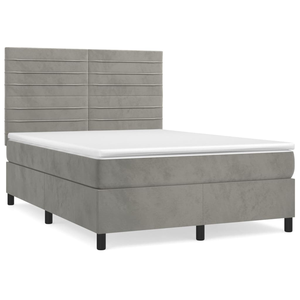 Cama box spring con colchón terciopelo - Rayas horizontales 140x200 Gris Claro