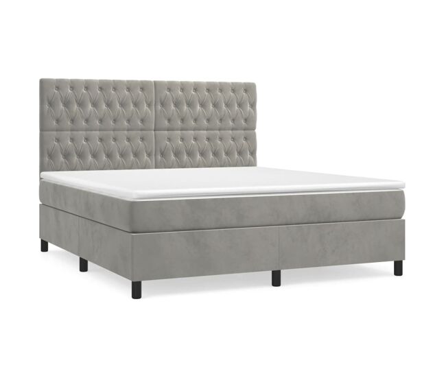 Cama box spring con colchón terciopelo gris claro 180x200 cm diseño de botones