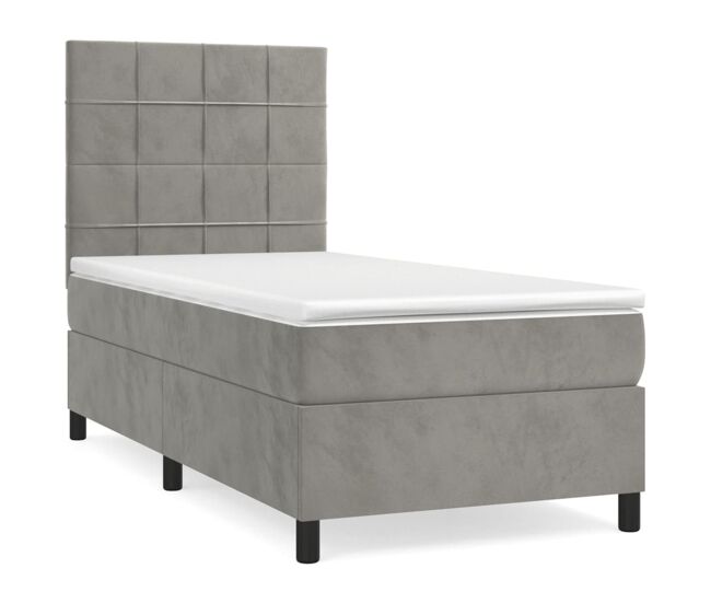 Cama box spring con colchón terciopelo gris claro 100x200 cm bloques con cuadros