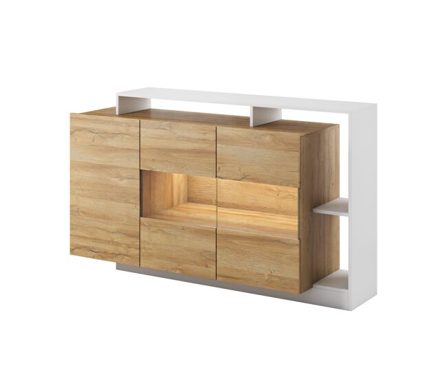 Cajonera alva, grafito de estilo moderno, mide 94x155x44 cm y tiene 9 estantes, 3 puertas e iluminación led