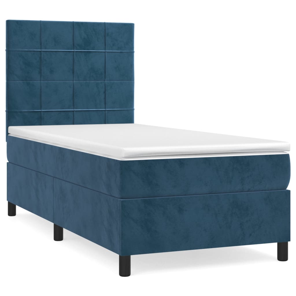 Cama box spring con colchón terciopelo - Bloques con cuadros 100x200 Azul