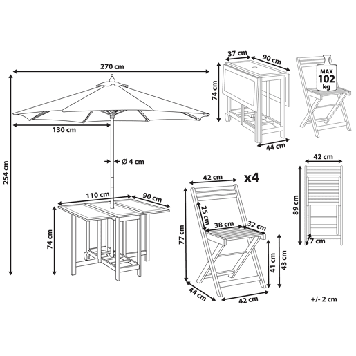 Conjunto de refeições de jardim 4 lugares FRASSINE com guarda-sol (12 opções) Madeira de acácia Natural