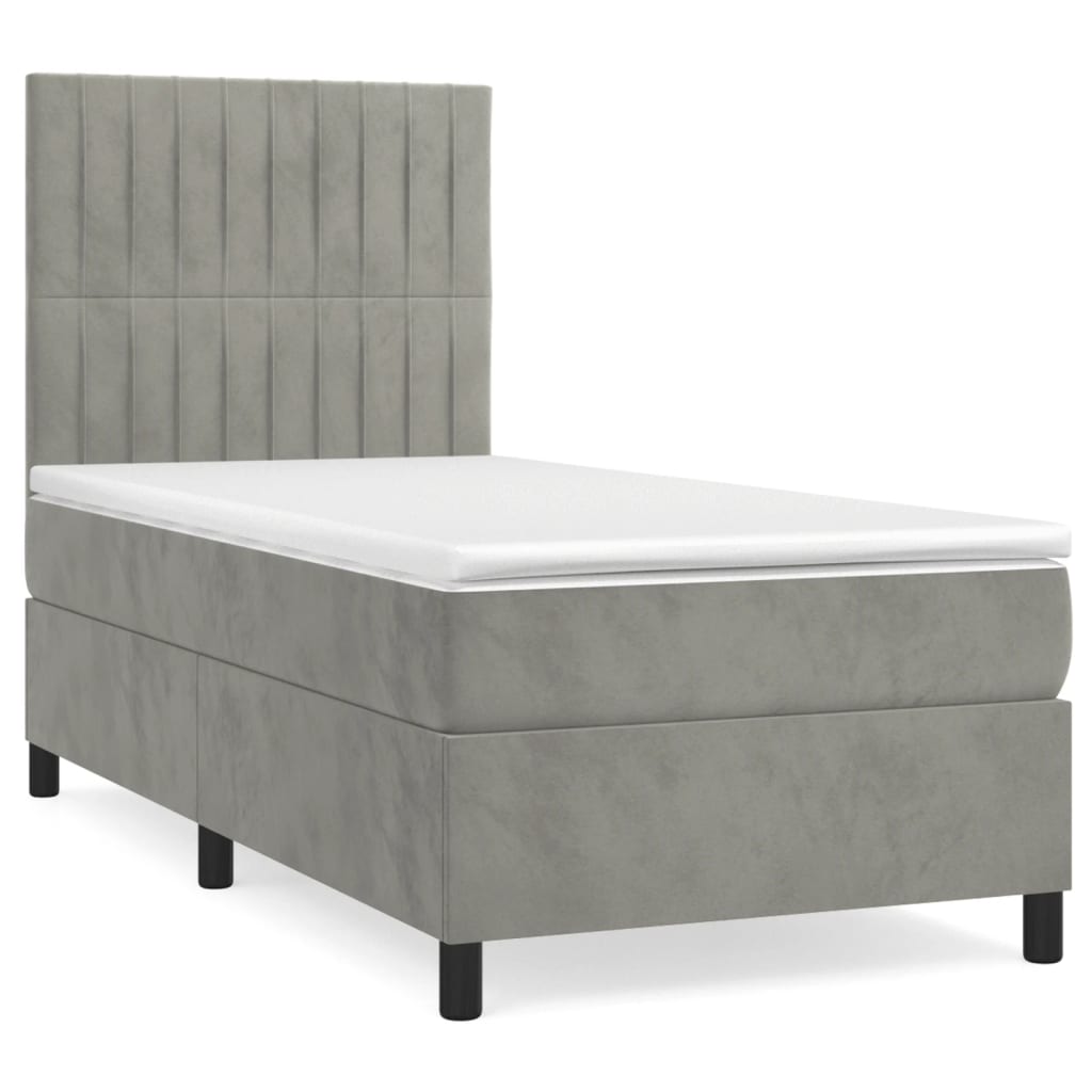 Cama box spring con colchón terciopelo gris claro 100x200 cm rayas verticales