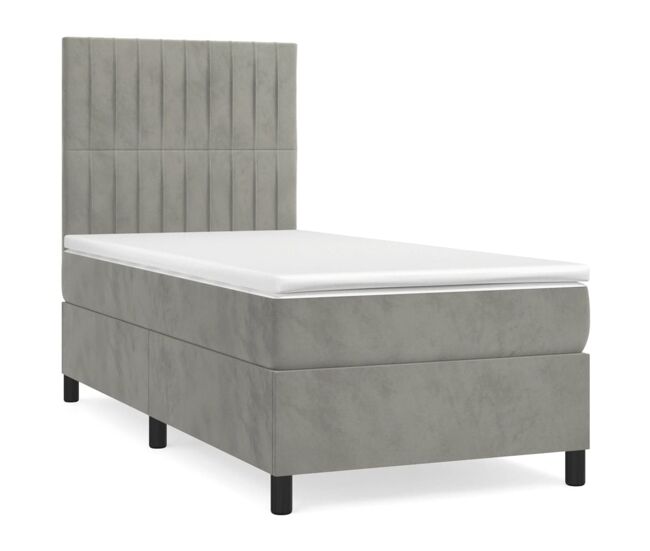 Cama box spring con colchón terciopelo gris claro 100x200 cm rayas verticales
