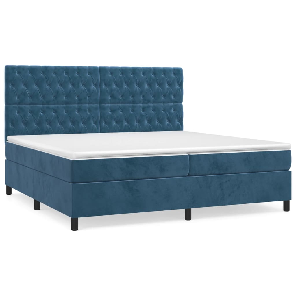 Cama box spring con colchón terciopelo - Diseño de botones 200x200 Azul