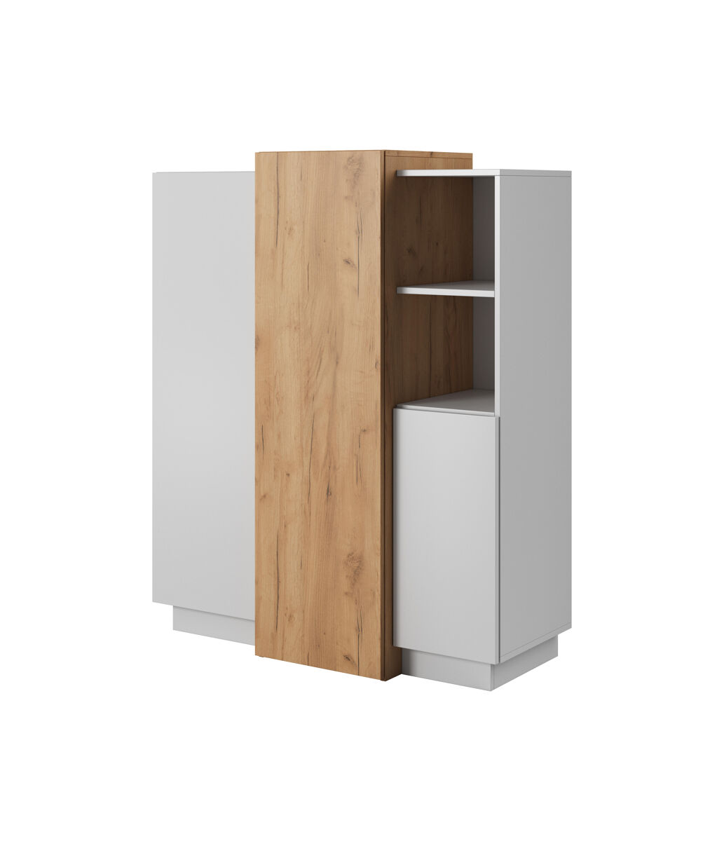 Cajonera en blanco, dorado con un estilo moderno, mide 134x110x45 cm y tiene 10 estantes, 3 puertas