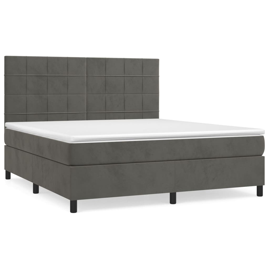 Cama box spring con colchón terciopelo gris oscuro 160x200 cm bloques con cuadros