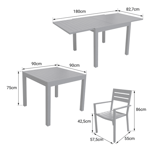 Conjunto de jardín VENEZIA extensible 90-180 de 8 plazas - aluminio blanco