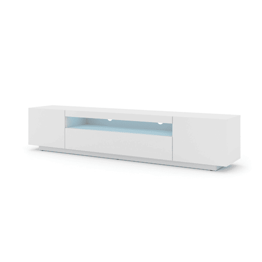 A mesa de TV AURA num estilo moderno. Mede 42x200x37 cm e inclui 4 prateleiras e 3 portas.