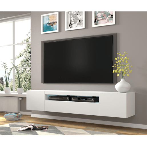 A mesa de TV AURA num estilo moderno. Mede 42x200x37 cm e inclui 4 prateleiras e 3 portas.