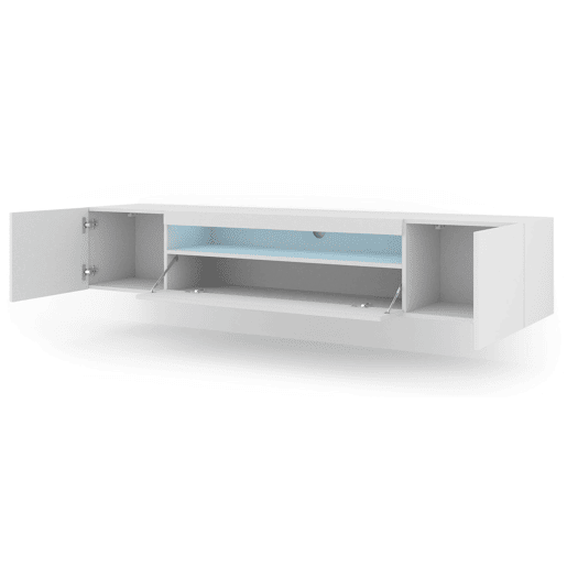 A mesa de TV AURA num estilo moderno. Mede 42x200x37 cm e inclui 4 prateleiras e 3 portas.