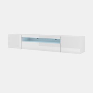 A mesa de TV AURA num estilo moderno. Mede 42x200x37 cm e inclui 4 prateleiras e 3 portas.
