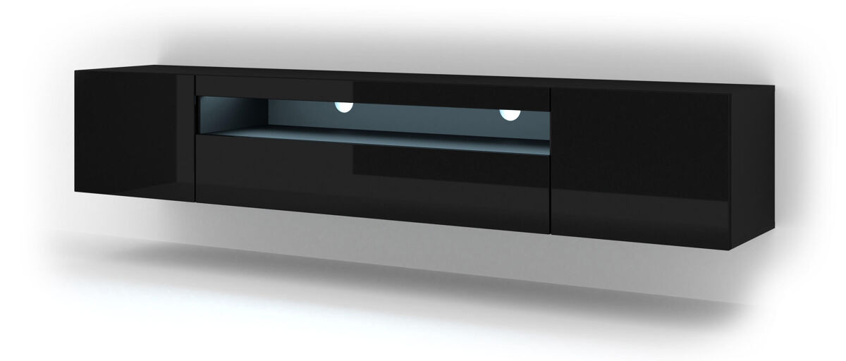El soporte de tv aura un estilo moderno. mide 42x200x37 cm e incluye 4 estantes y 3 puertas.