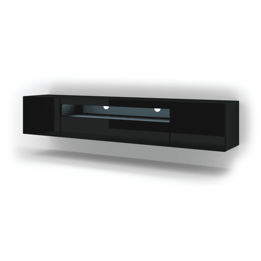 A mesa de TV AURA num estilo moderno. Mede 42x200x37 cm e inclui 4 prateleiras e 3 portas.