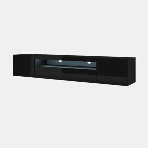 A mesa de TV AURA num estilo moderno. Mede 42x200x37 cm e inclui 4 prateleiras e 3 portas.