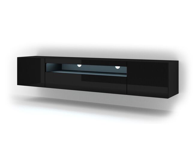 El soporte de tv aura un estilo moderno. mide 42x200x37 cm e incluye 4 estantes y 3 puertas.