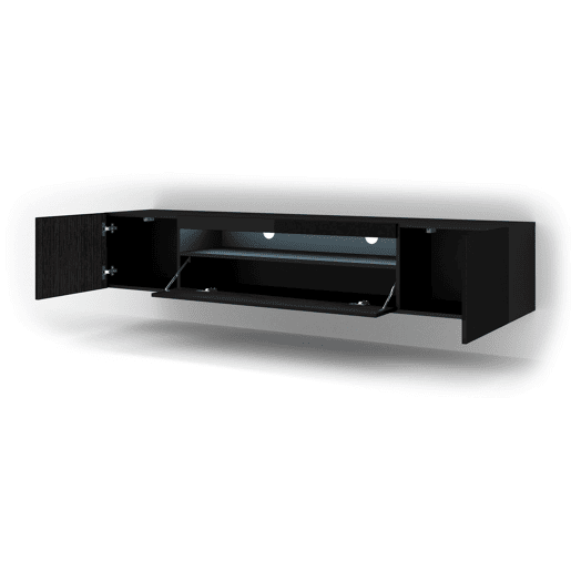 A mesa de TV AURA num estilo moderno. Mede 42x200x37 cm e inclui 4 prateleiras e 3 portas.