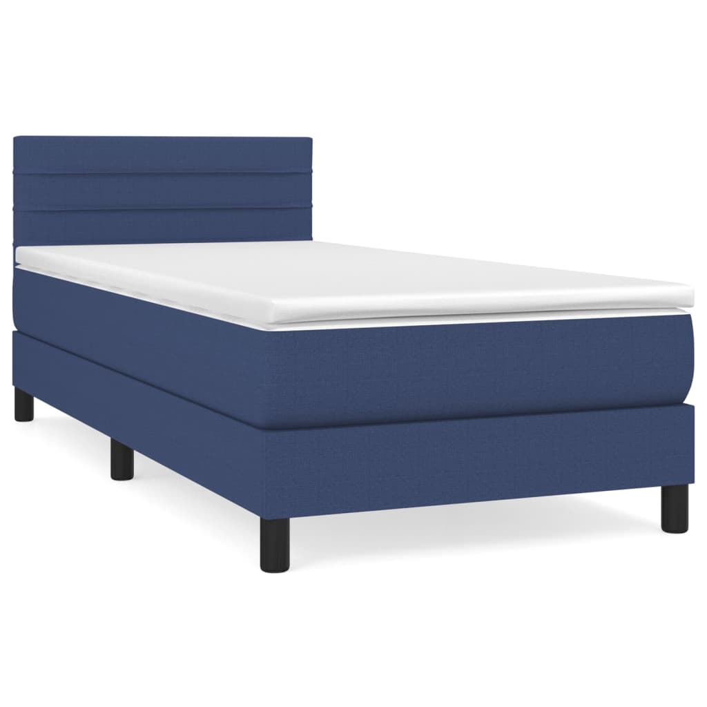 Cama box spring con colchón tela azul 90x200 cm rayas horizontales