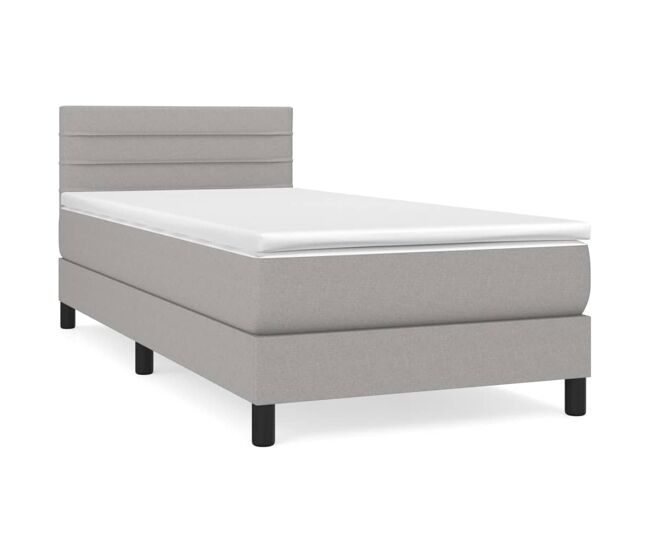 Cama box spring con colchón tela gris claro 90x200 cm rayas horizontales
