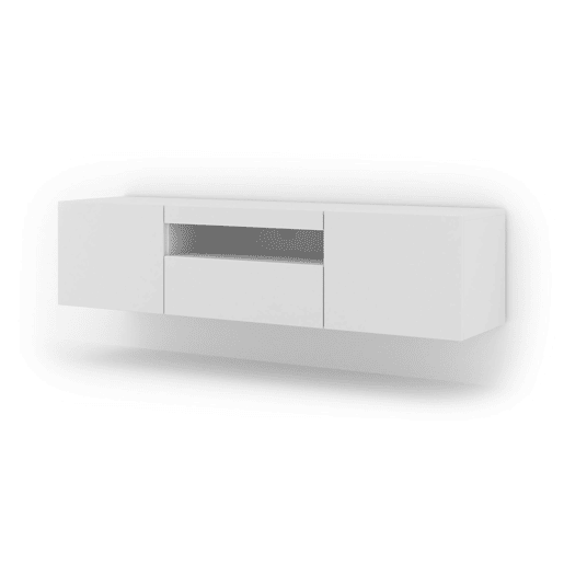 A mesa de TV AURA num estilo moderno. Mede 42x150x37 cm e inclui 4 prateleiras e 3 portas.