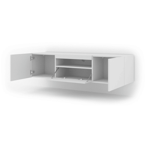 A mesa de TV AURA num estilo moderno. Mede 42x150x37 cm e inclui 4 prateleiras e 3 portas.