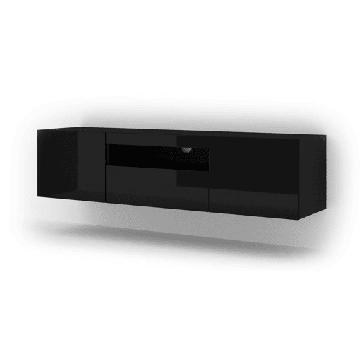 A mesa de TV AURA num estilo moderno. Mede 42x150x37 cm e inclui 4 prateleiras e 3 portas.