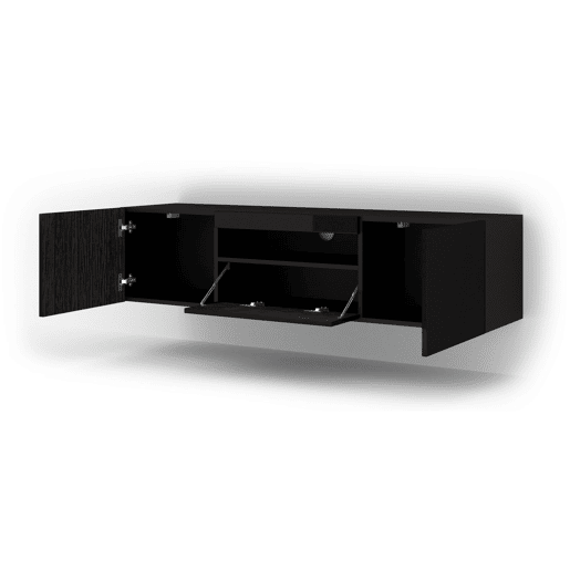 A mesa de TV AURA num estilo moderno. Mede 42x150x37 cm e inclui 4 prateleiras e 3 portas.