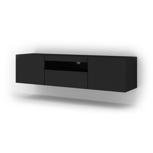 A mesa de TV AURA num estilo moderno. Mede 42x150x37 cm e inclui 4 prateleiras e 3 portas.